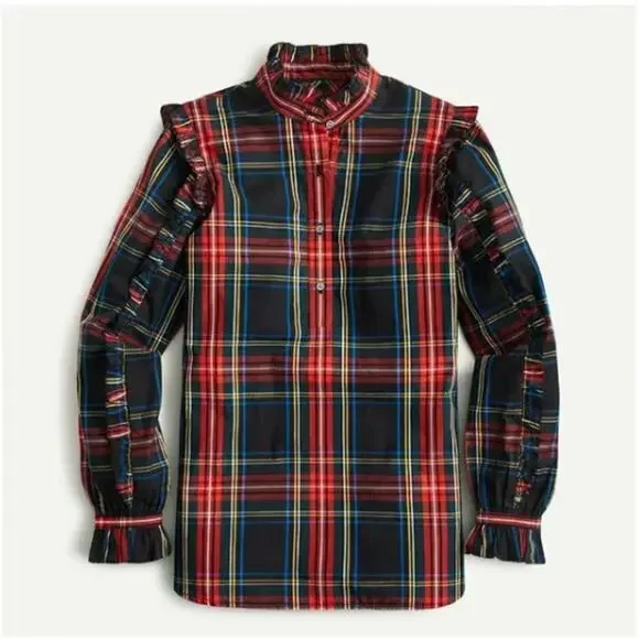 J. Crew Ruffle Popover Top in Stewart Plaid Size XS - Picture 2 of 9